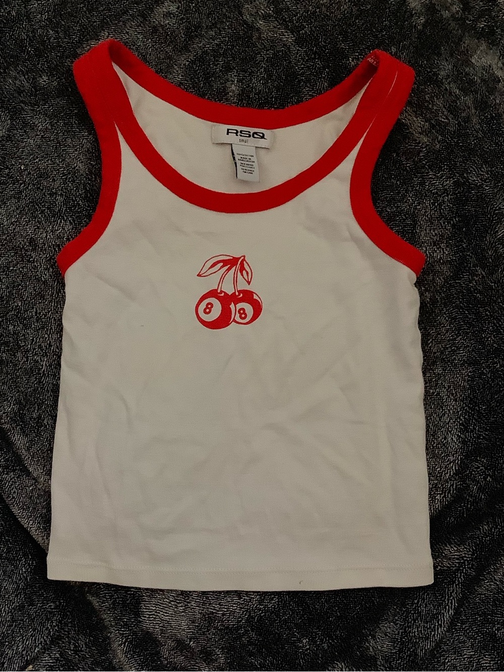 RSQ womens White Tank Top with Red Trim and Cherry Graphic